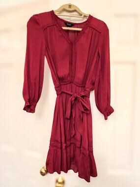 Simply Vera Vera Wang dark Red Ruffle V-Neck Tie Waist Dress Women's Size XS